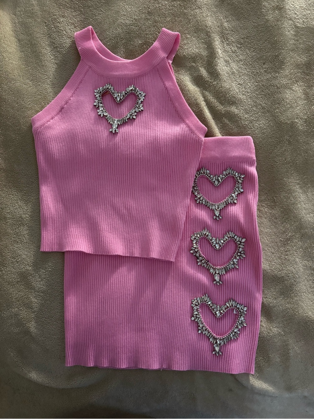 Girls Pink Ribbed Tank & Skirt Set with Heart Embellishments